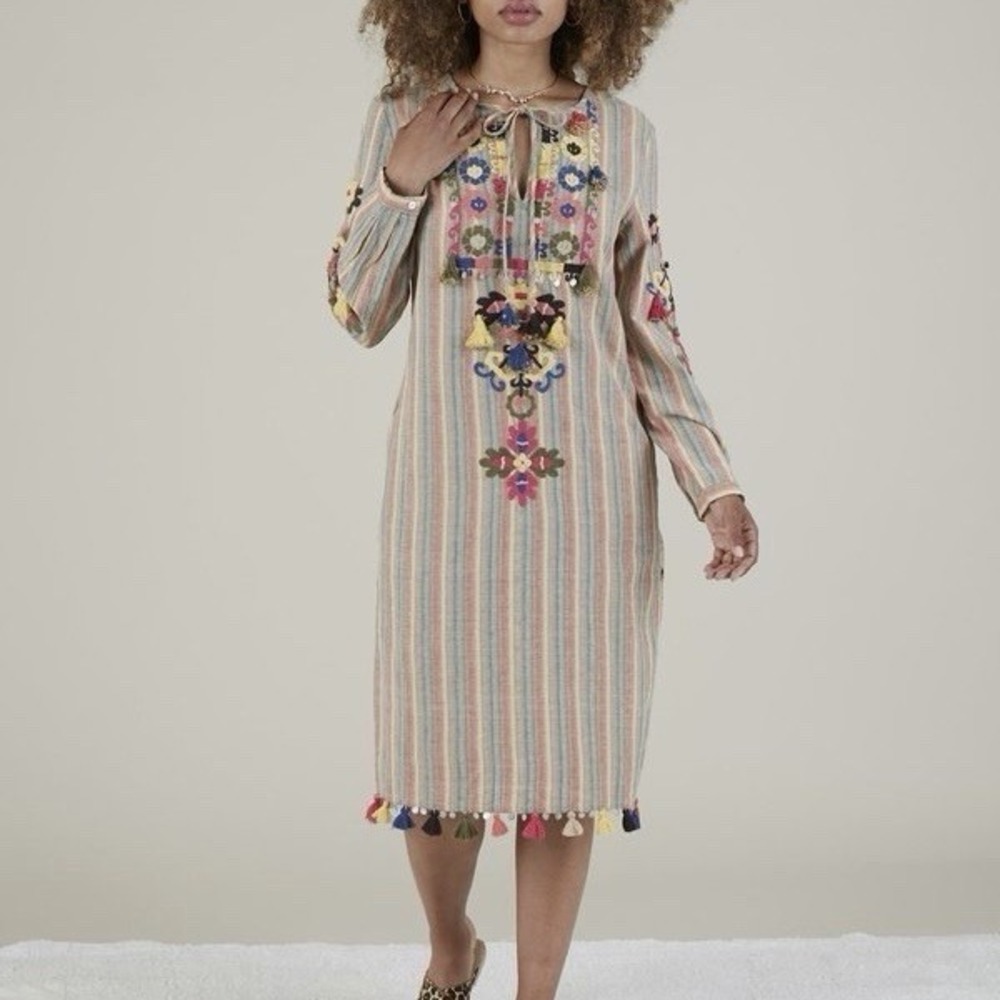 Rose Rose Embroidered Tassel Cotton Tunic Dress L Multi Stripe Boho Luxe Global
